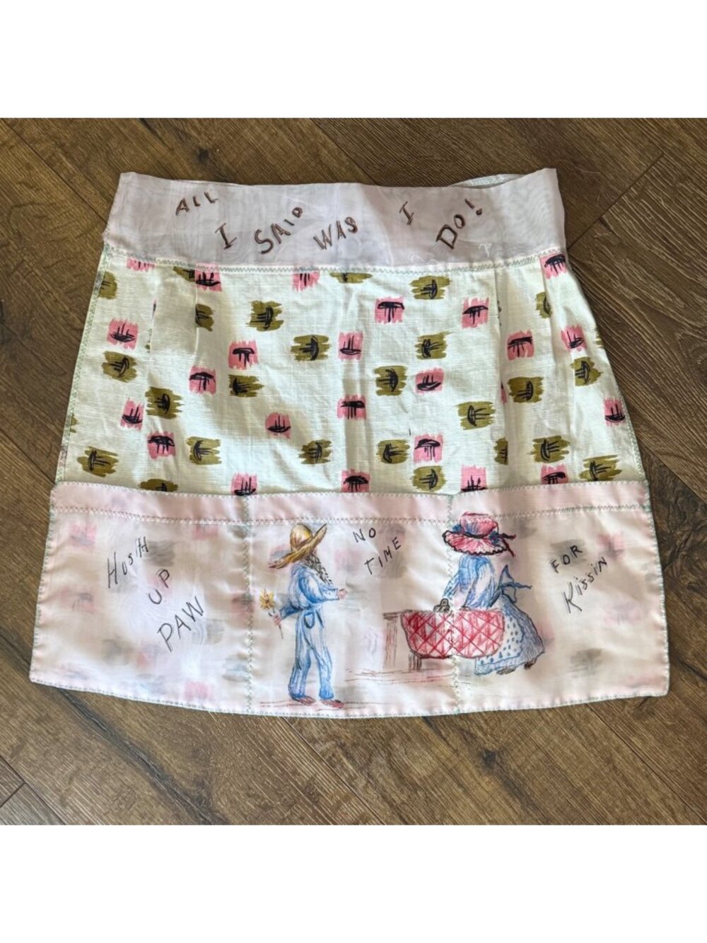 Vintage Mid-Century Novelty Print Linen Half-Apron Hush Up Paw, No Time for Kiss
